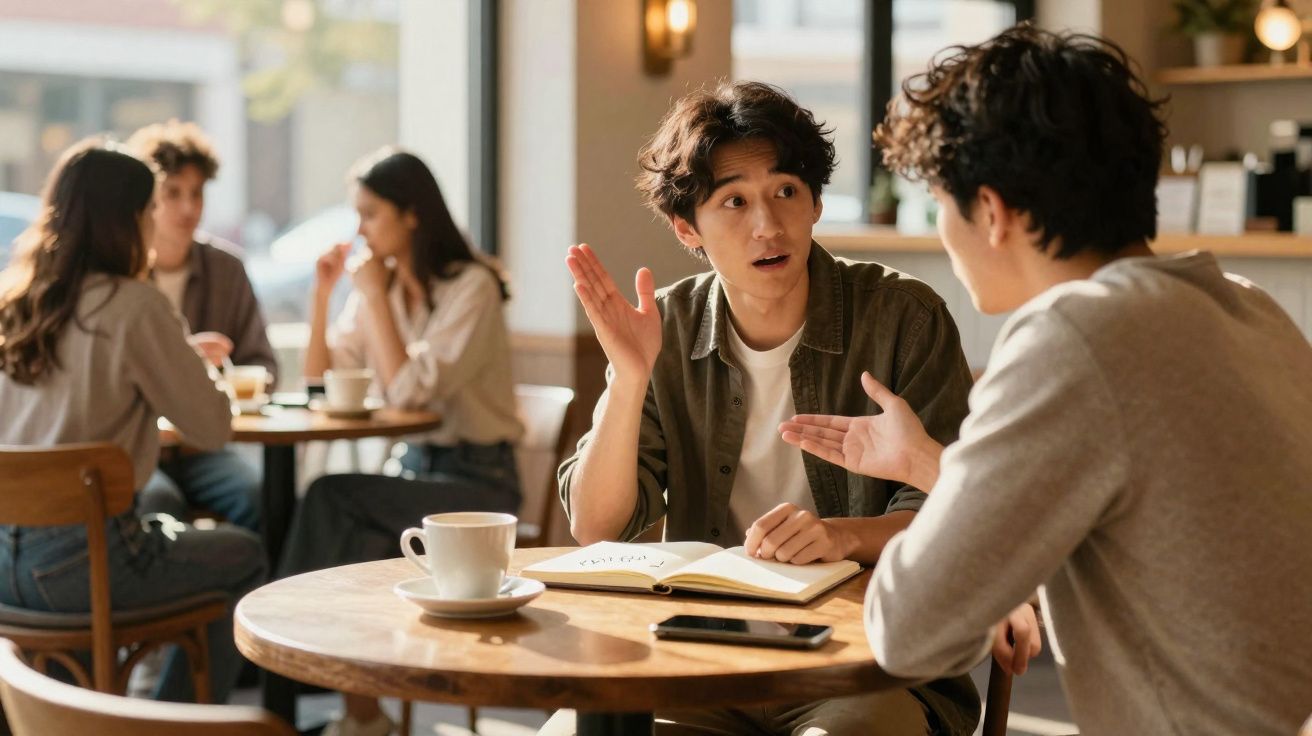 Dois jovens conversando animadamente em cafeteria com café e caderno sobre a mesa.