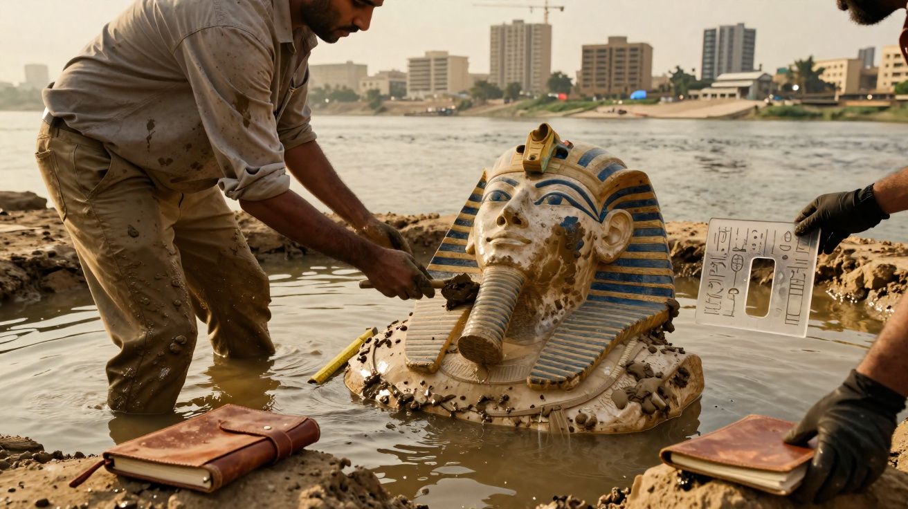 Arqueólogos limpam estátua de faraó emergindo de lagoa lamacenta com prédios ao fundo.