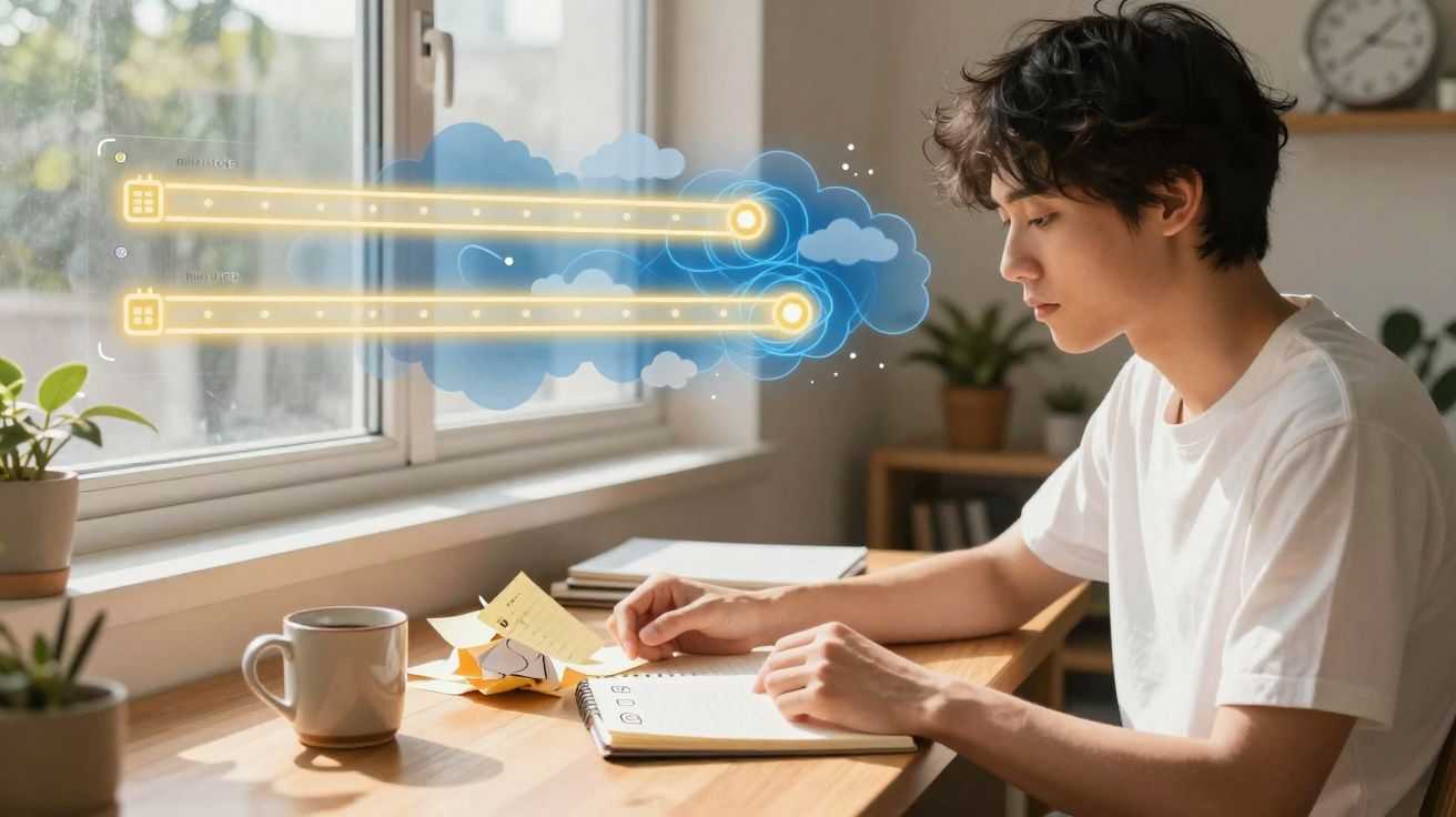 Jovem estudando em mesa com janela, ao lado gráficos digitais ilustrando análise de dados em nuvem.