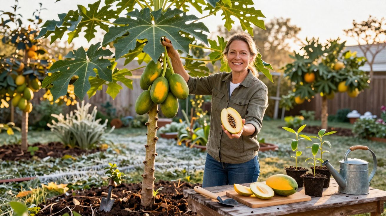 Mulher sorridente em pomar colhendo mamão maduro de árvore, mostrando fruta cortada ao meio.