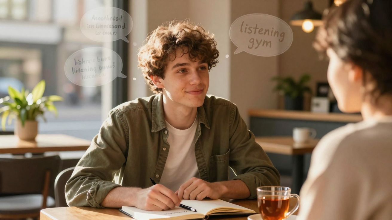 Jovem ouvindo atentamente e tomando notas durante conversa em café com outra pessoa.