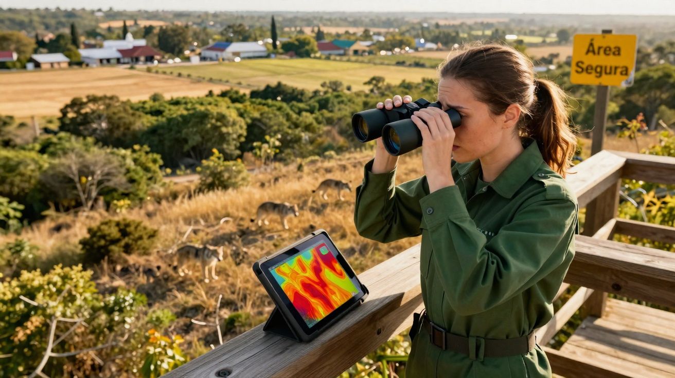 Mulher em uniforme verde usa binóculos para observar lobos em área natural com tablet de visão térmica ao lado.