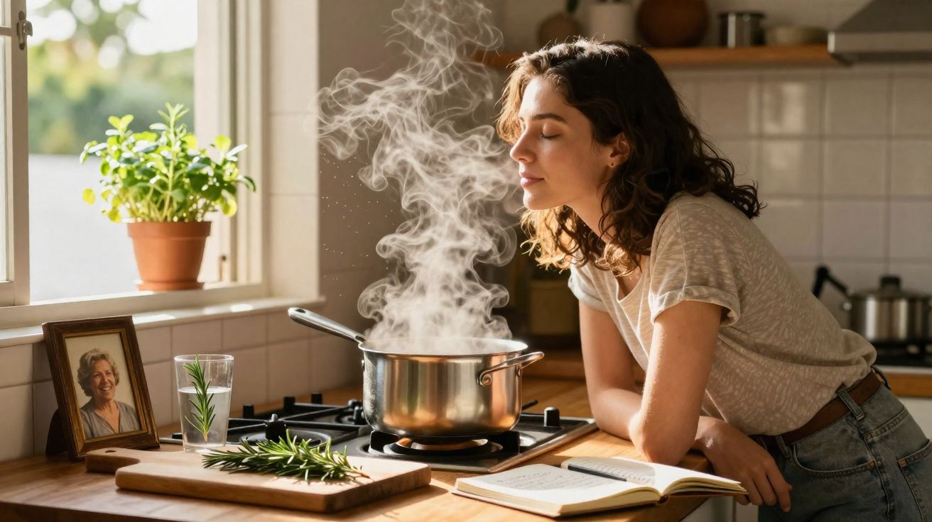 Jovem mulher cheirando vapor de panela na cozinha com planta, livro aberto e foto em porta-retrato na mesa.