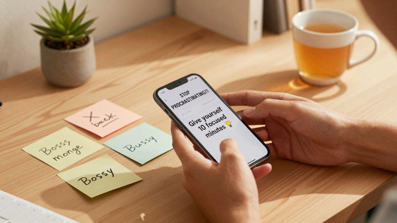 Pessoa segurando celular com mensagem sobre foco, ao lado de notas adesivas e xícara de chá sobre mesa de madeira clara.