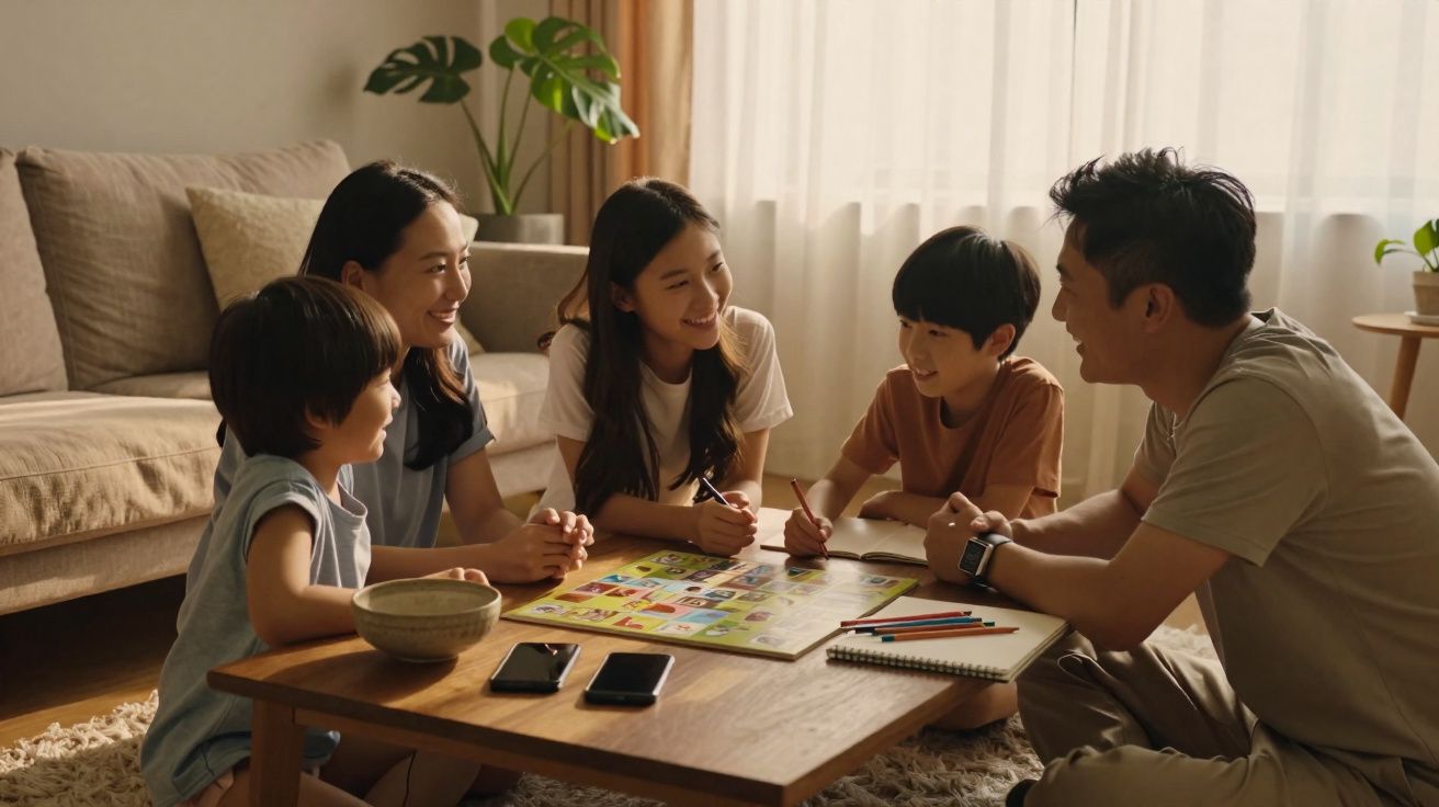 Família asiática jogando e sorrindo ao redor de mesa baixa na sala iluminada por luz natural.