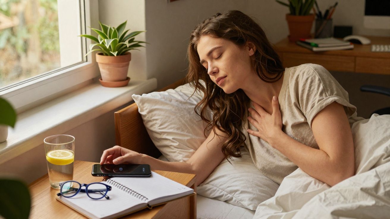 Mulher deitada na cama, sentindo desconforto no peito, com celular, notebook e copo de água na mesa ao lado.
