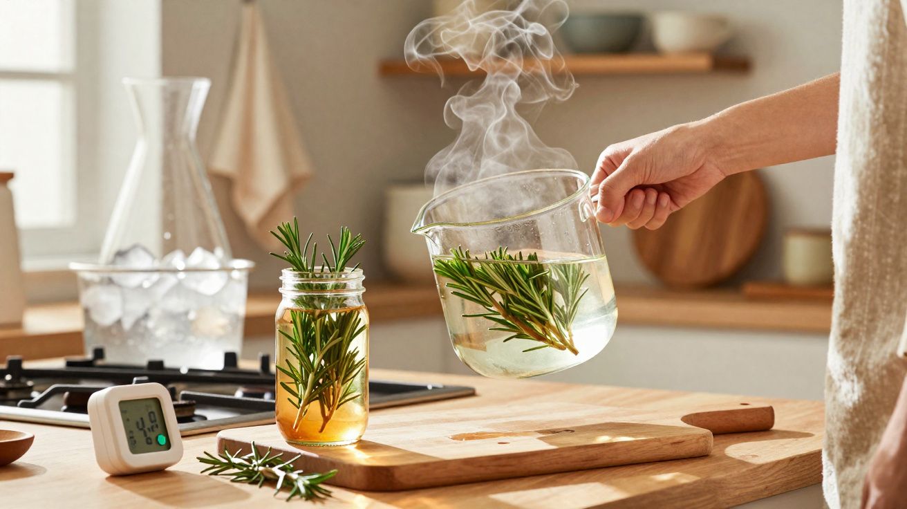 Pessoa segurando jarra com água quente e alecrim em cozinha iluminada, com frasco, termômetro e raminho na mesa