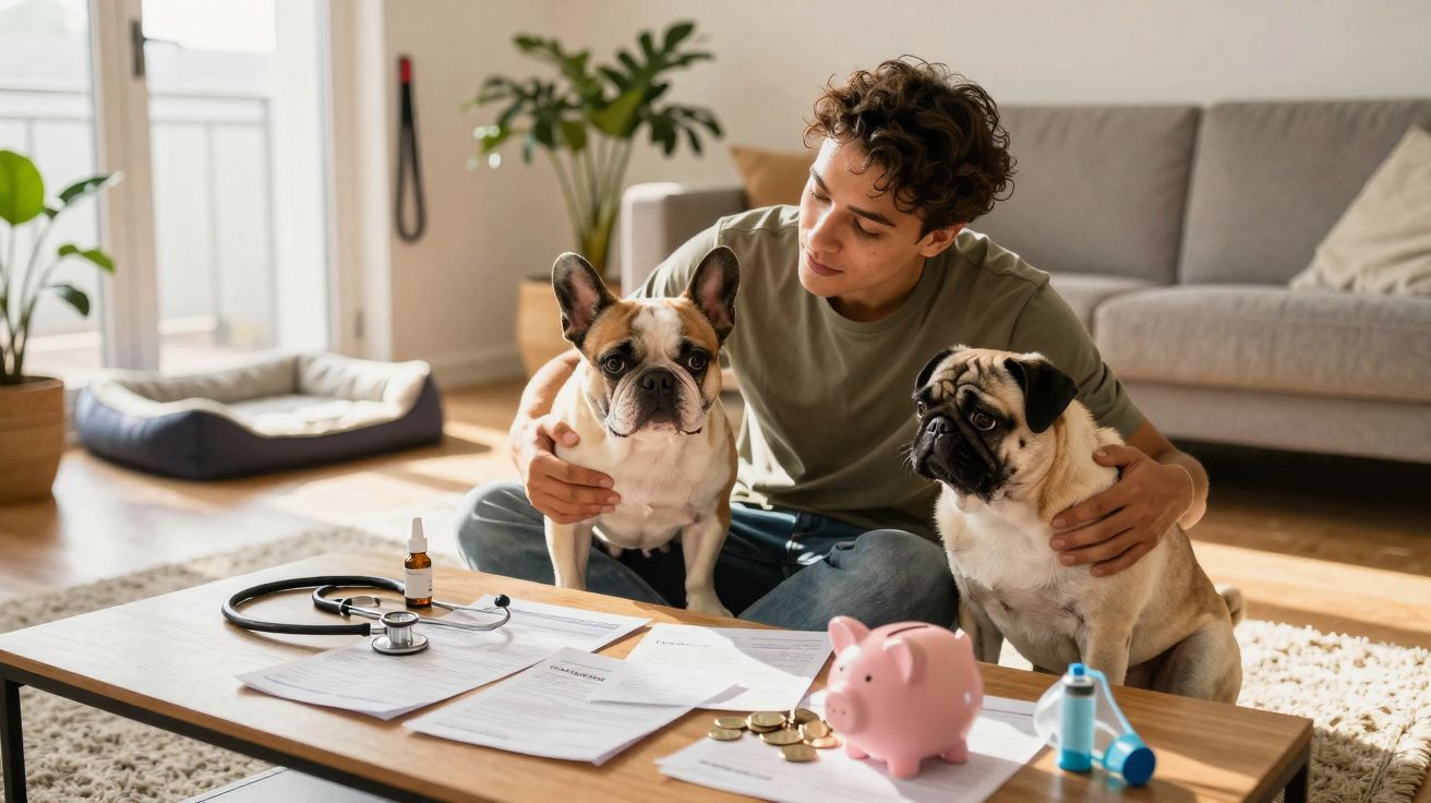 Homem sentado no chão com dois cachorros, documentos e cofrinho sobre mesa de centro.