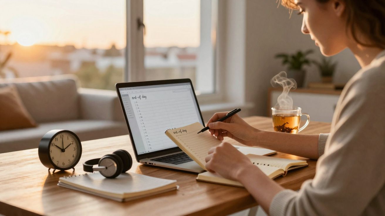 Mulher escrevendo em caderno com laptop, relógio, fones e chá em mesa de madeira ao amanhecer.