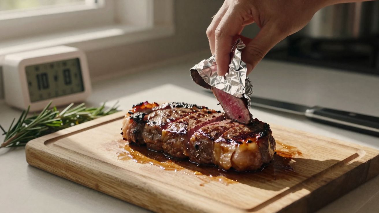 Bife suculento sendo retirado de papel alumínio sobre tábua de madeira na cozinha iluminada.