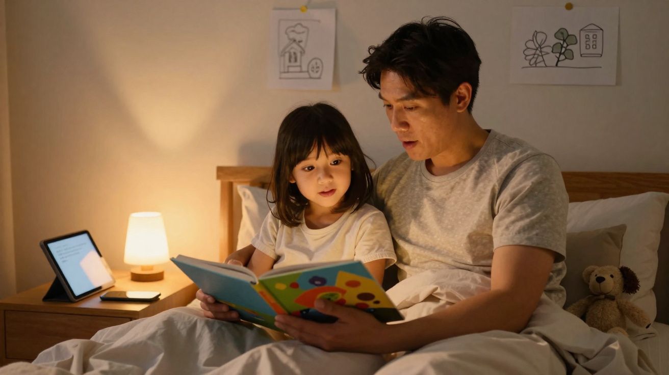 Pai e filha lendo livro juntos na cama em ambiente aconchegante iluminado por abajur.