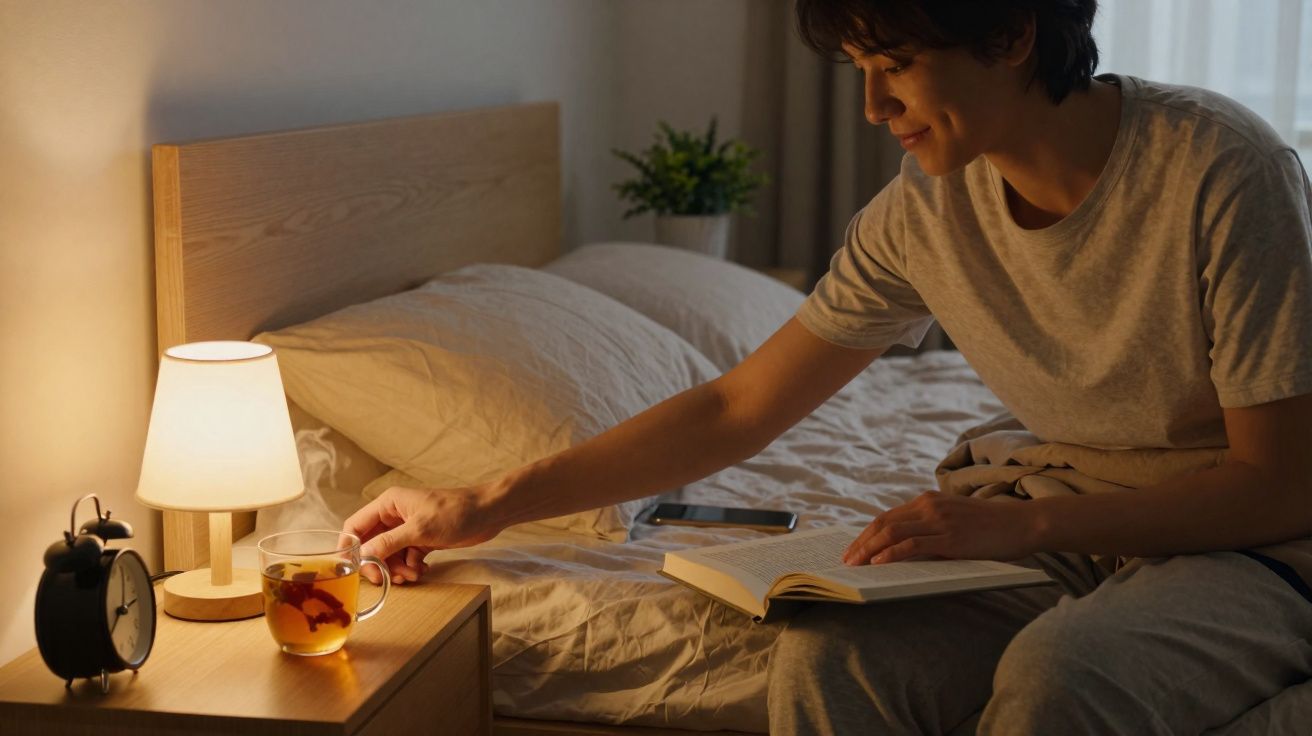 Homem sentado na cama lendo livro e pegando xícara de chá na mesa de cabeceira com abajur ligado.
