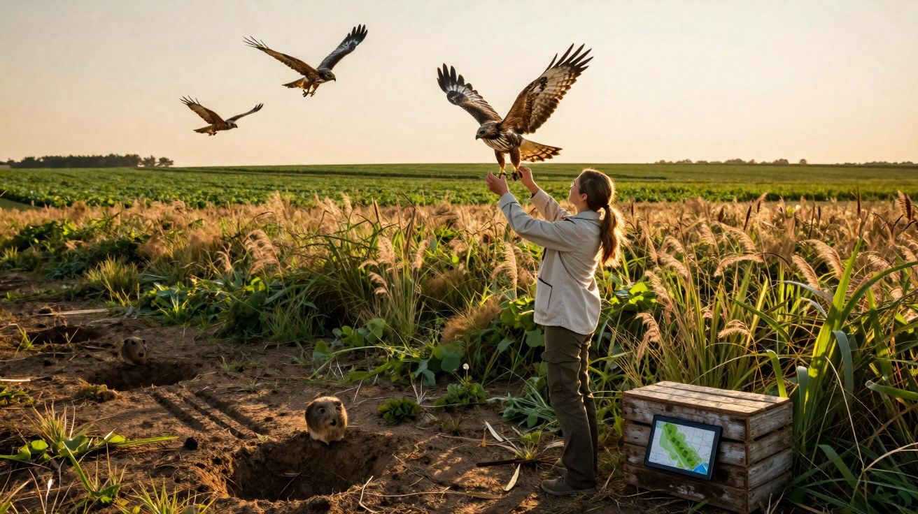Mulher solta falcões em campo aberto com vegetação alta e toca de animais no chão ao pôr do sol.