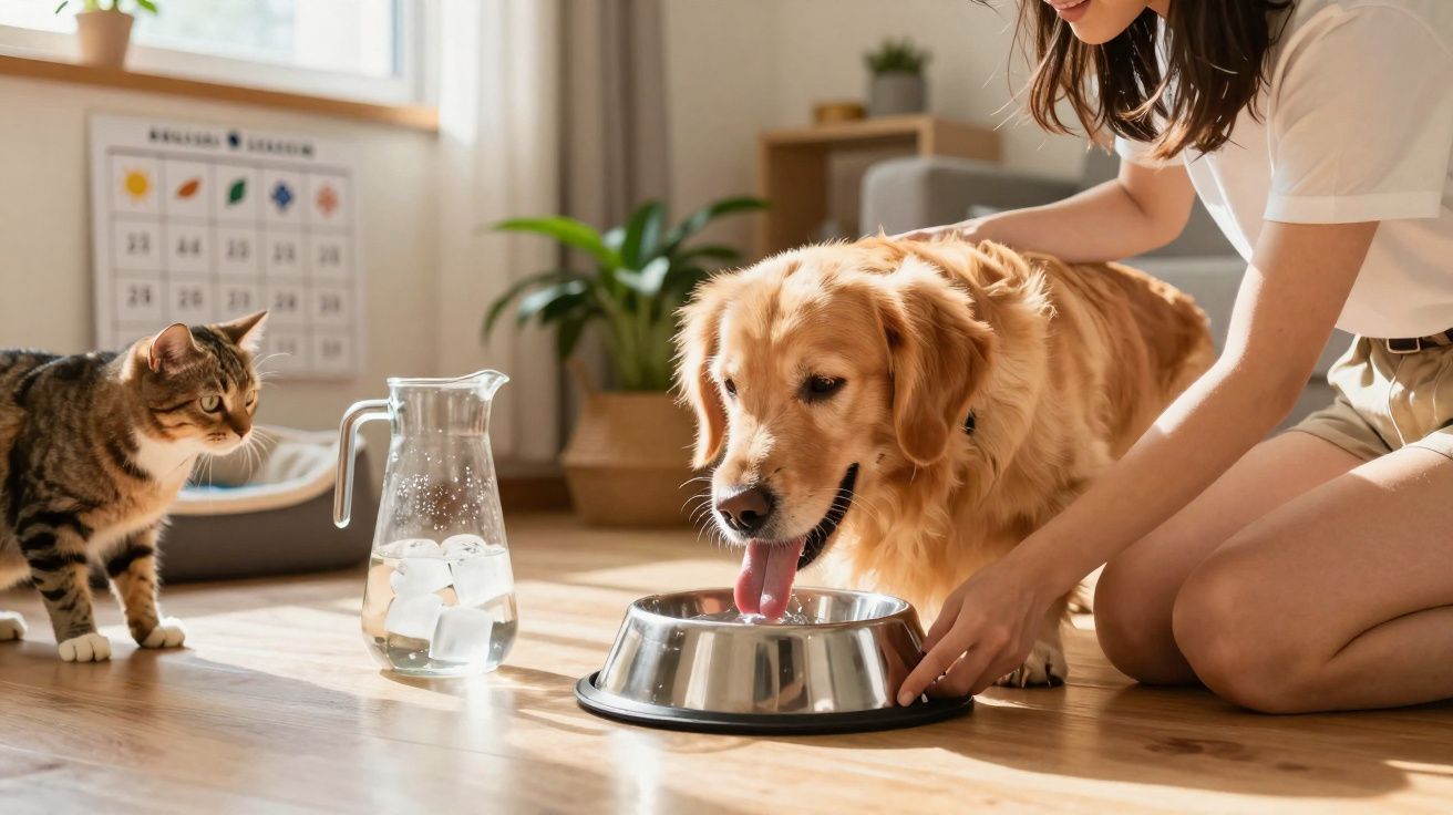Mulher alimentando cachorro golden retriever enquanto gato observa em ambiente iluminado e aconchegante.