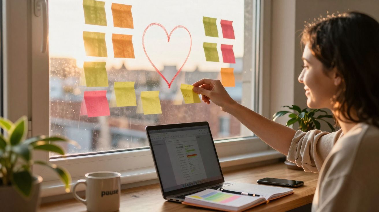 Mulher organizando post-its coloridos em janela com laptop, caderno, caneca e plantas na mesa.
