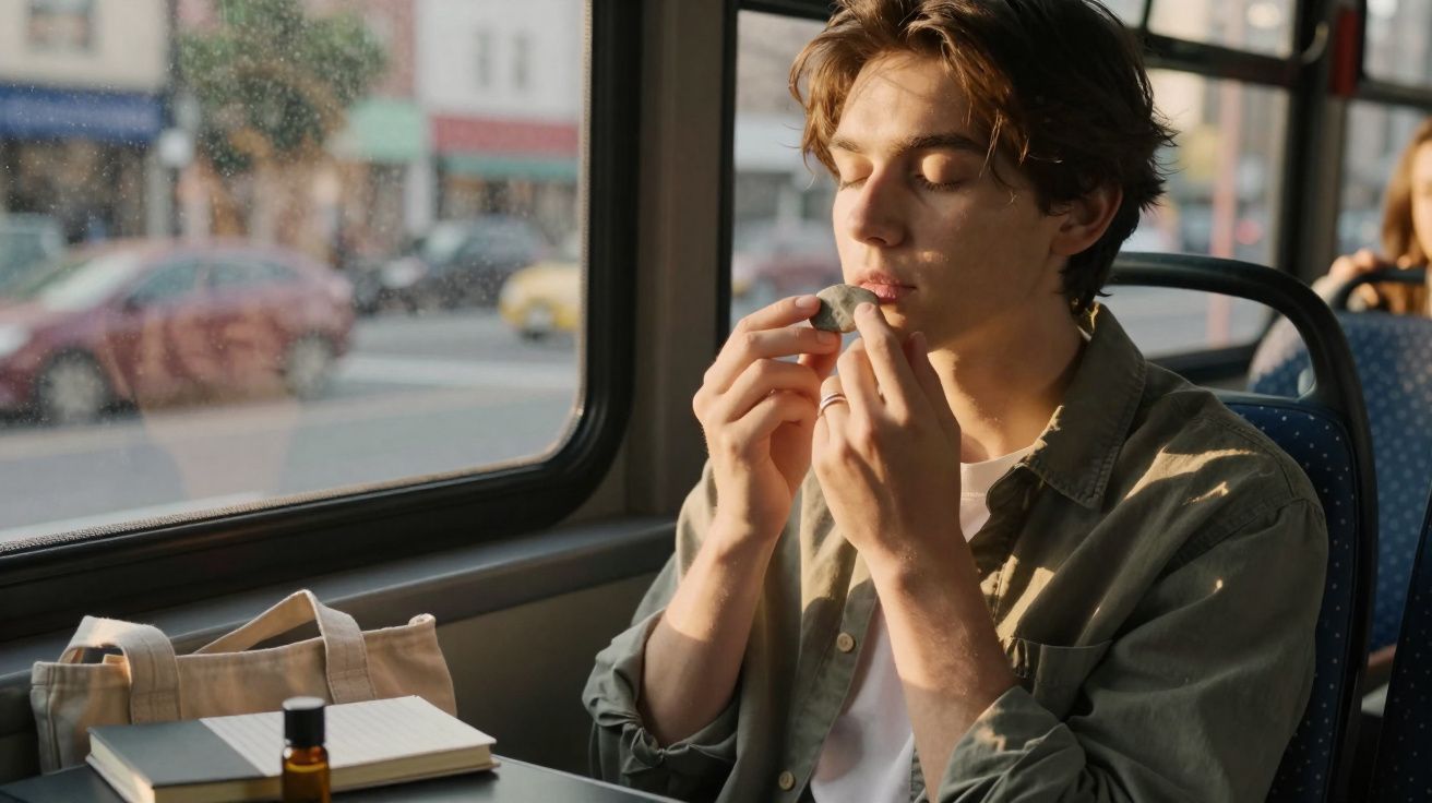 Jovem sentado em ônibus apertando pedra com os olhos fechados enquanto o sol entra pela janela.