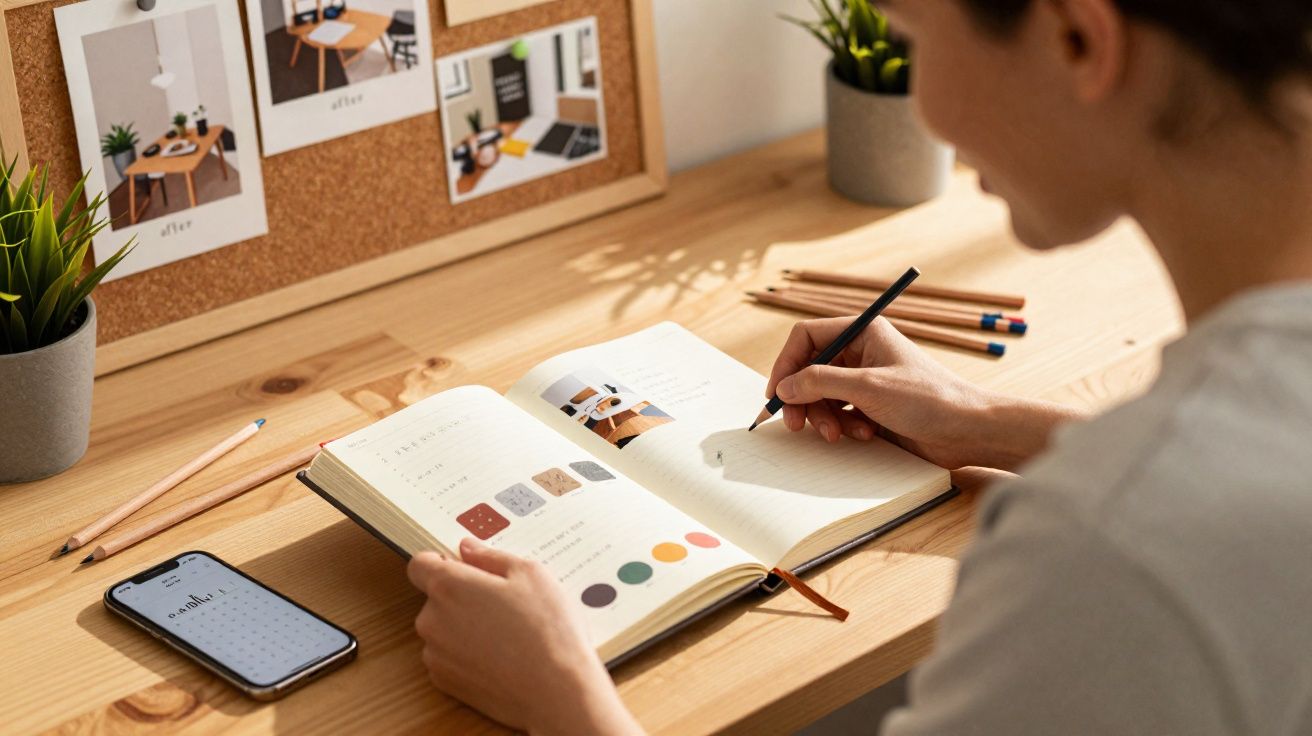 Pessoa escrevendo em caderno sobre mesa de madeira com celular, lápis coloridos e plantas pequenas ao redor.