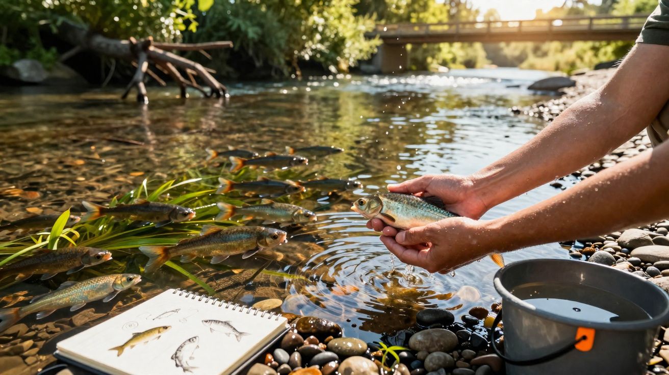 Pessoa soltando peixe em rio com caderno de desenhos e balde ao lado, em ambiente natural ensolarado.