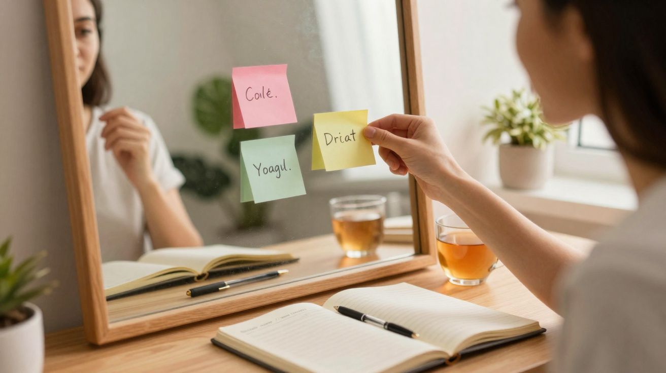 Mulher organizando lembretes em post-its no espelho com caderno e chá sobre a mesa.