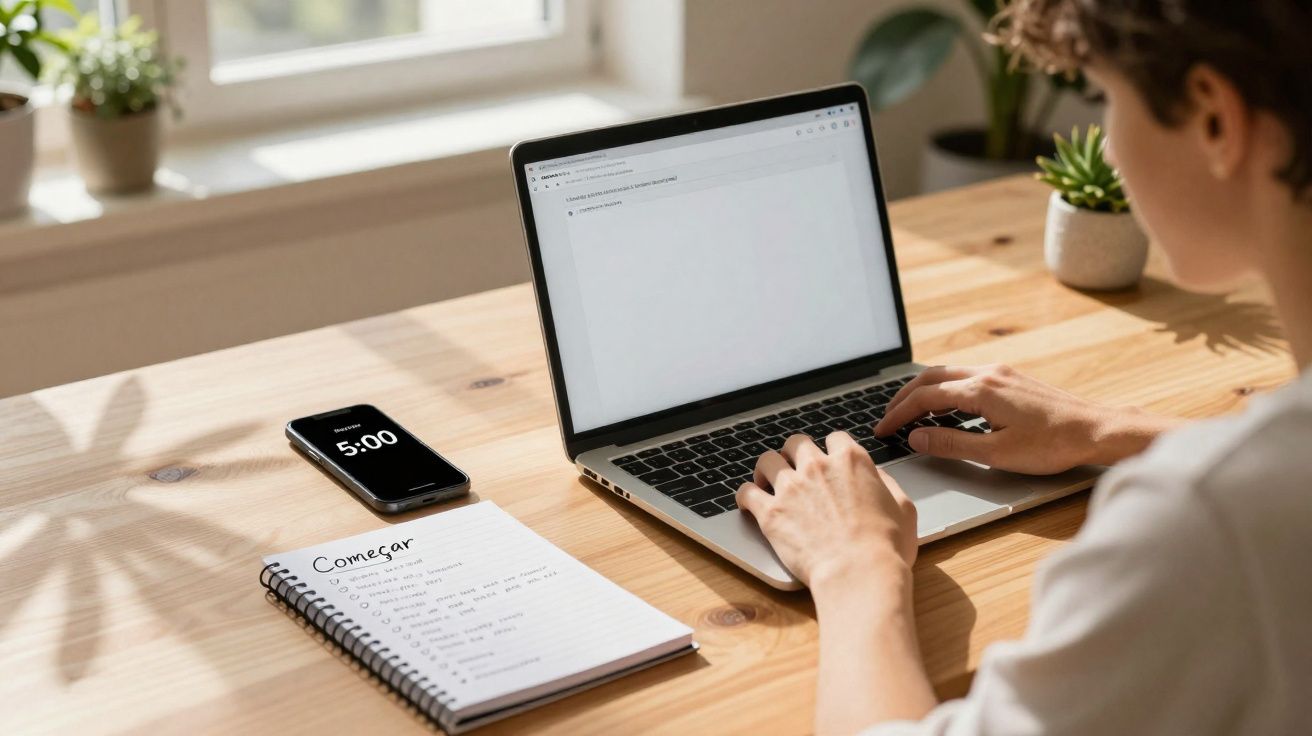 Pessoa digitando em laptop sobre mesa de madeira com caderno, celular e plantas ao fundo.