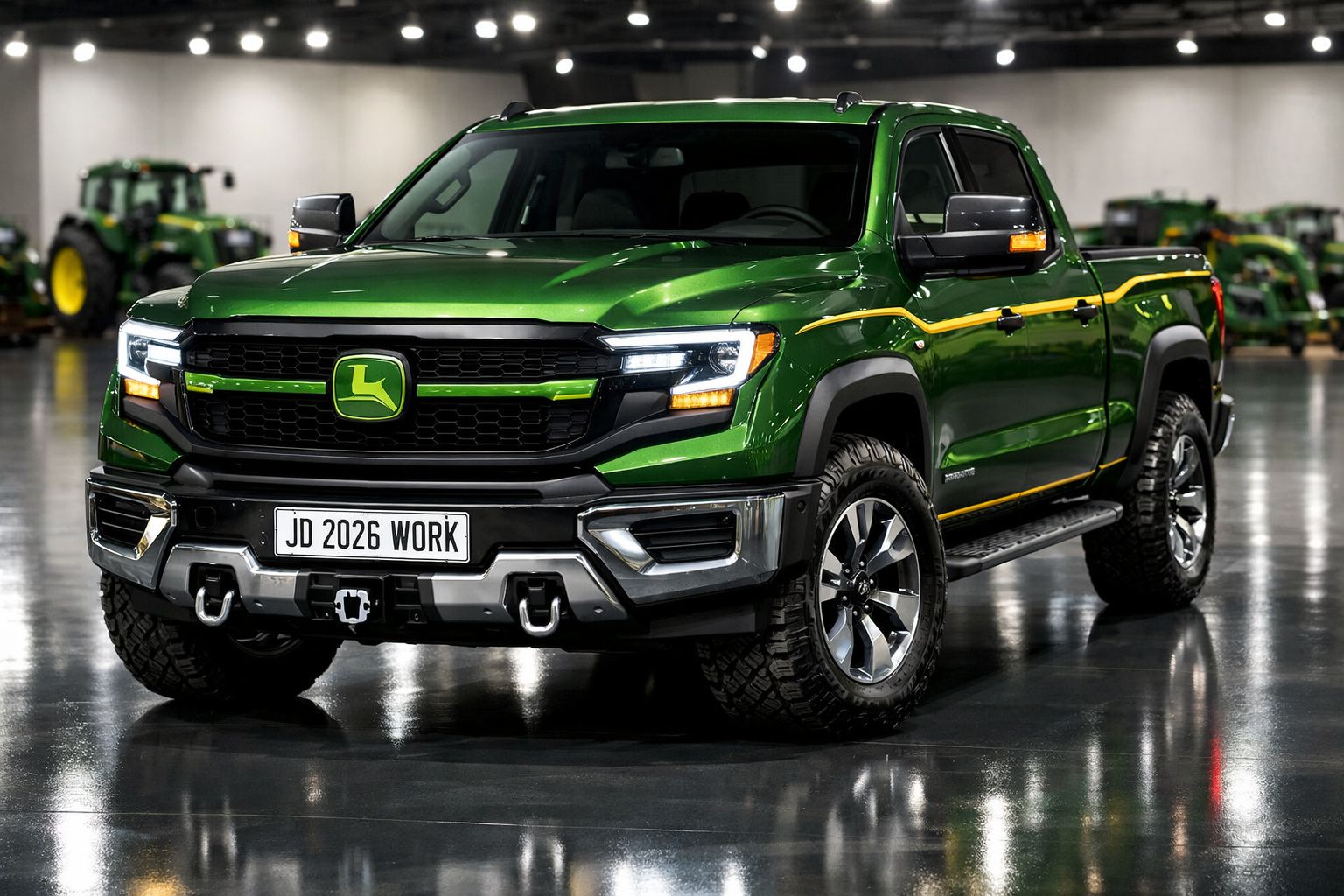 Picape verde John Deere JD 2026 Work em ambiente interno com tratores ao fundo.