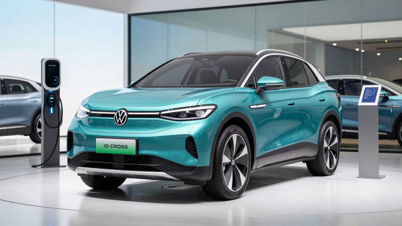Carro elétrico Volkswagen ID Cross azul exibido em showroom moderno com estação de carregamento.