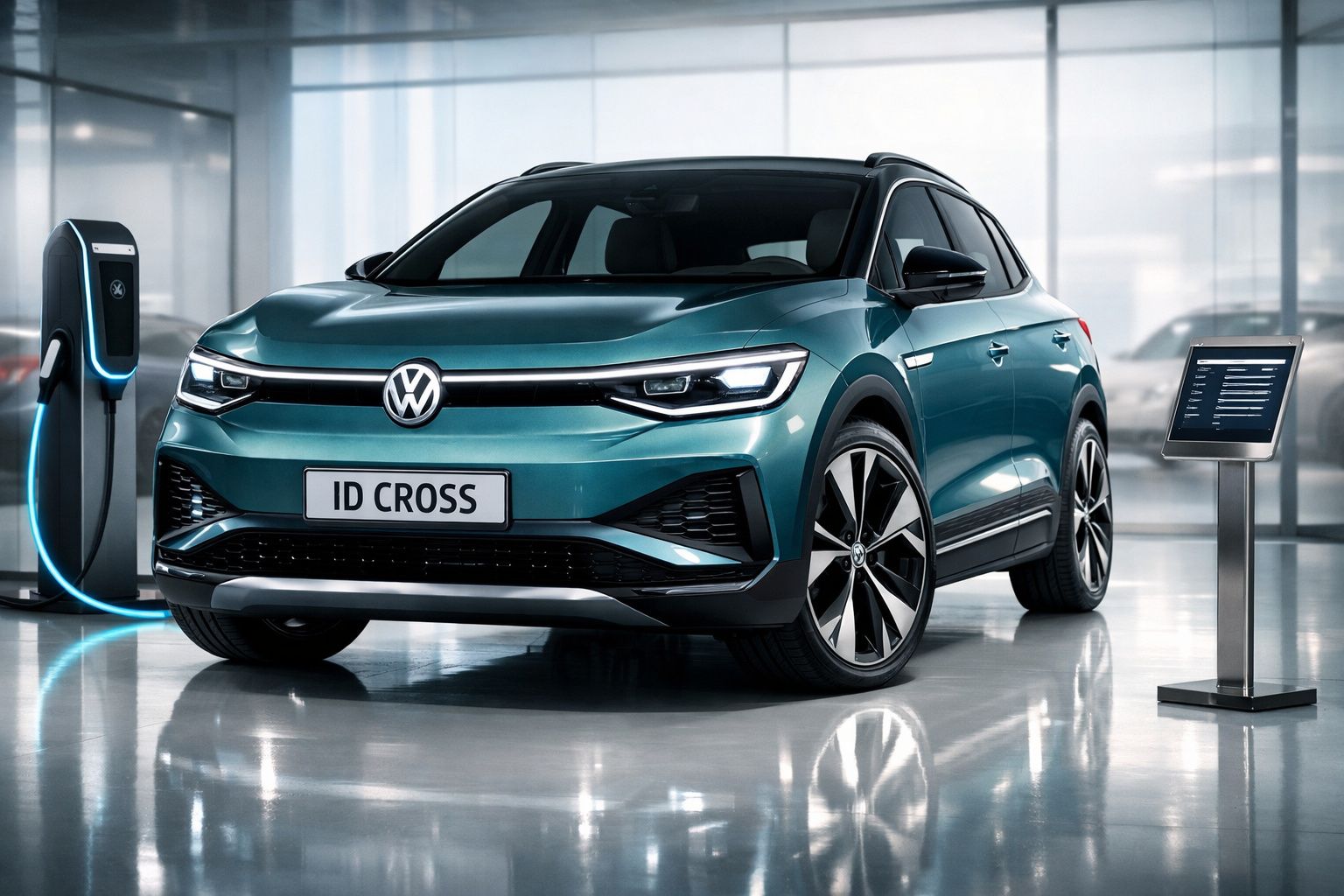 Carro SUV elétrico Volkswagen ID Cross azul carregando em estação de recarga moderna em ambiente interno.