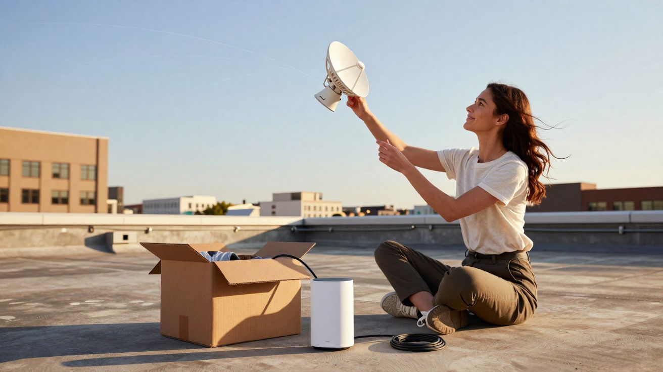 Mulher sentada no telhado montando antena parabólica ao lado de caixa de papelão e aparelho branco.