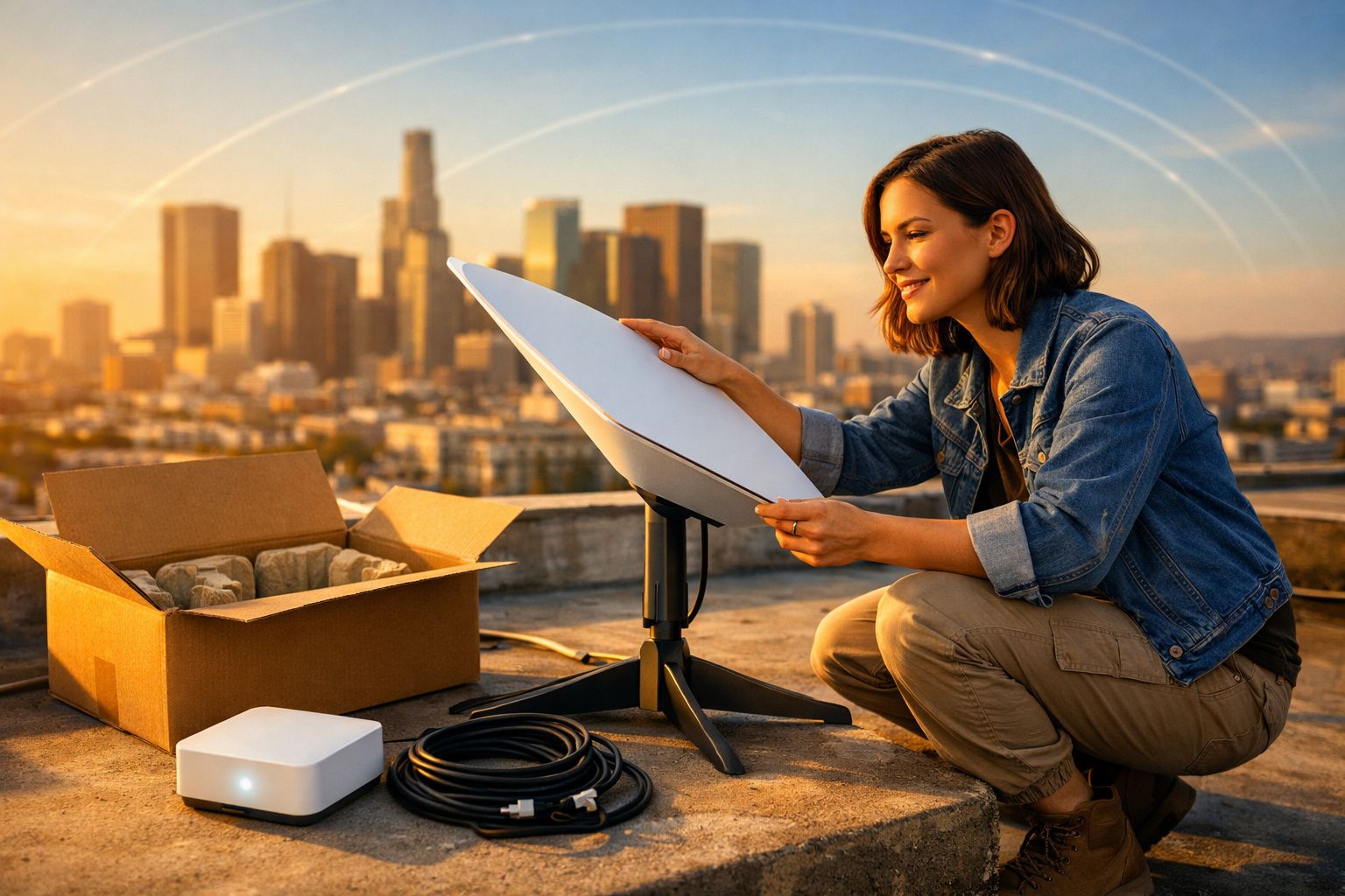 Mulher ajusta antena de internet via satélite com edifícios ao fundo durante o pôr do sol.