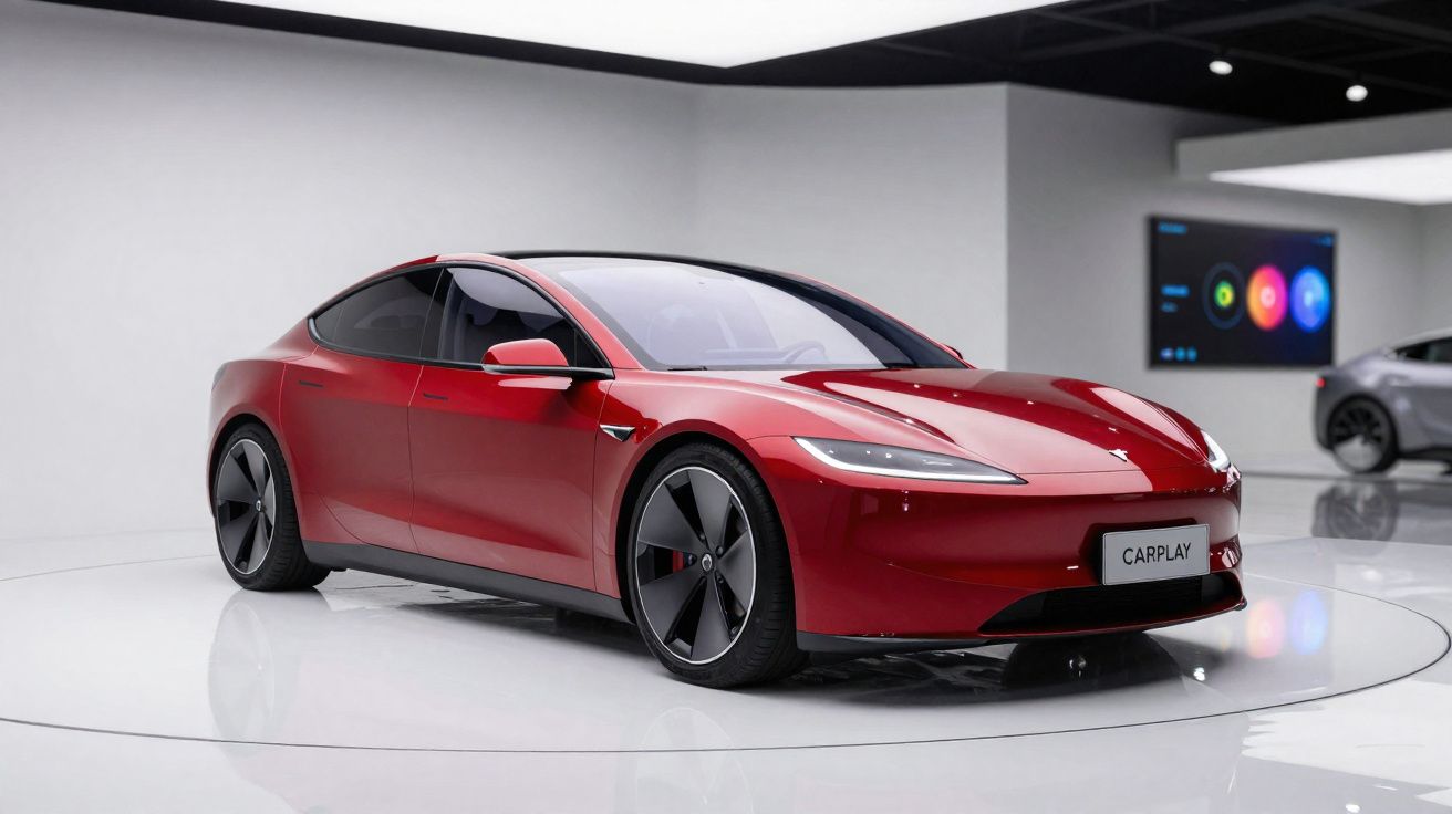 Carro elétrico esportivo vermelho Tesla em exposição em ambiente moderno e iluminado.