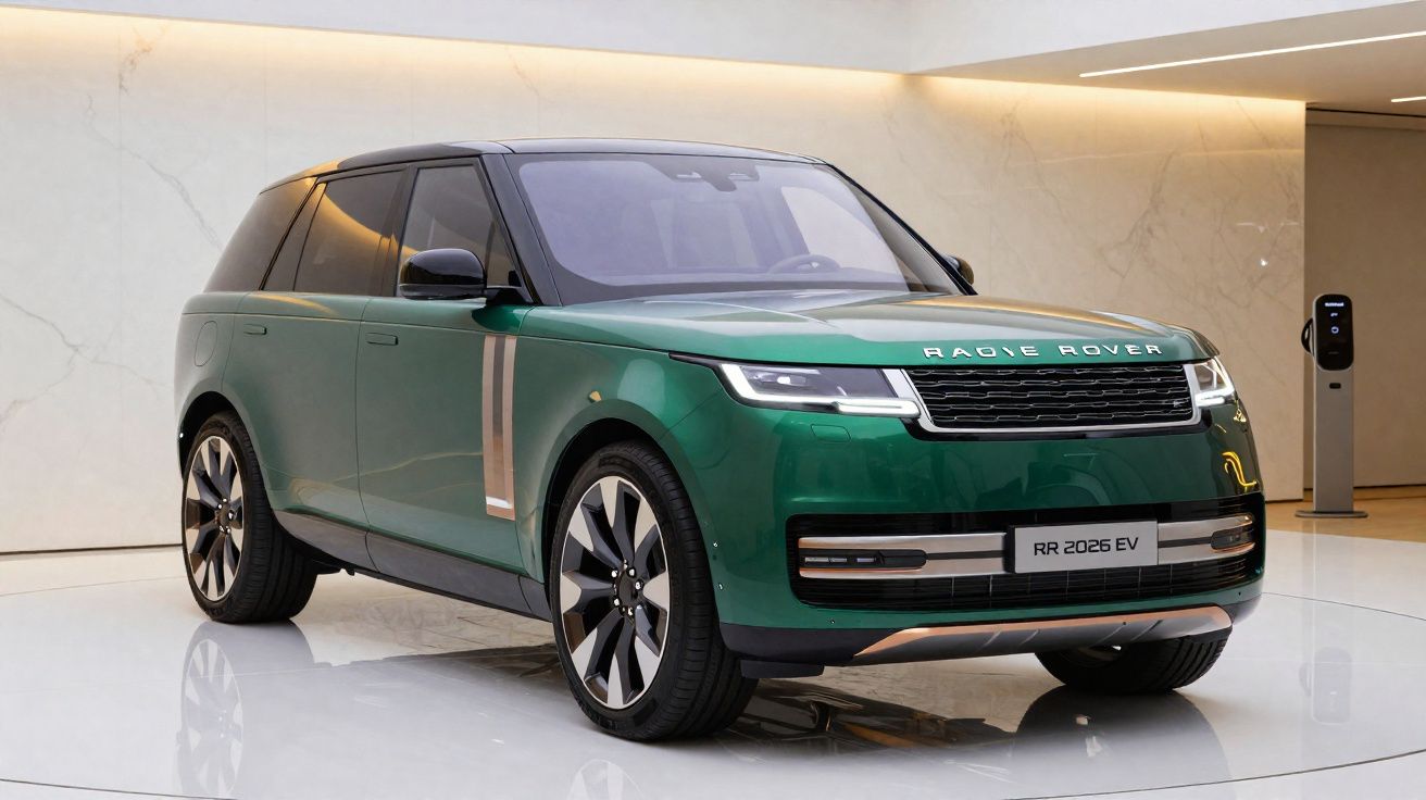 Carro elétrico Range Rover 2026 EV verde com teto preto exposto em ambiente minimalista e iluminado.