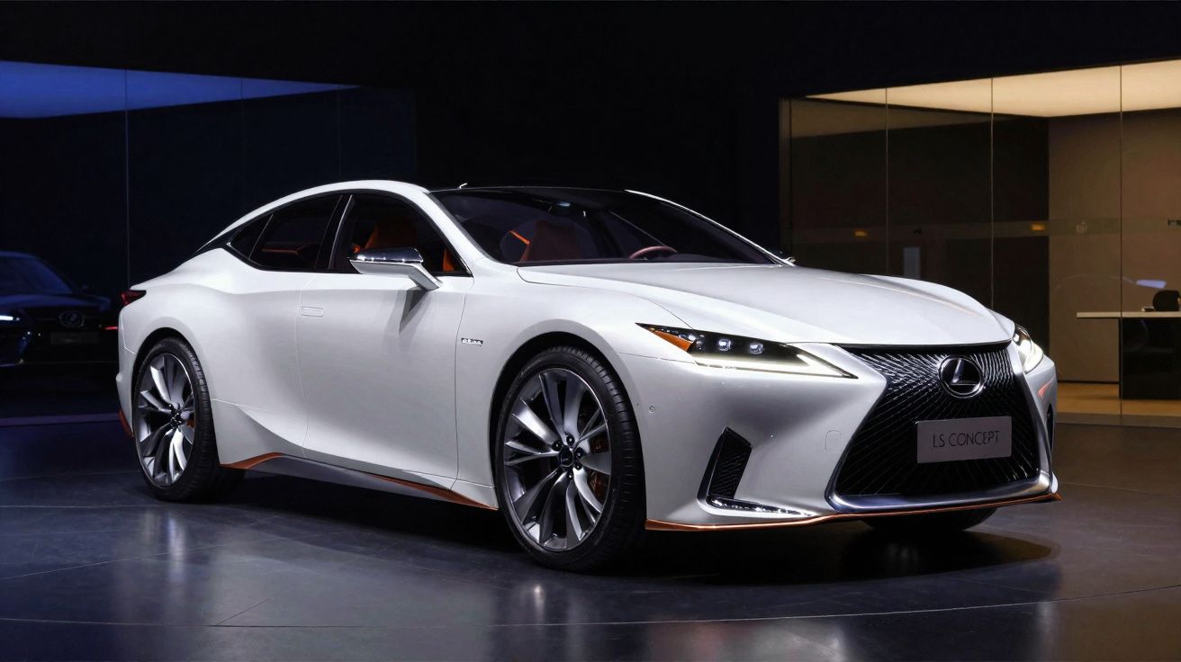 Carro esportivo branco Lexus LS Concept em exibição com iluminação destacando detalhes modernos e rodas grandes.