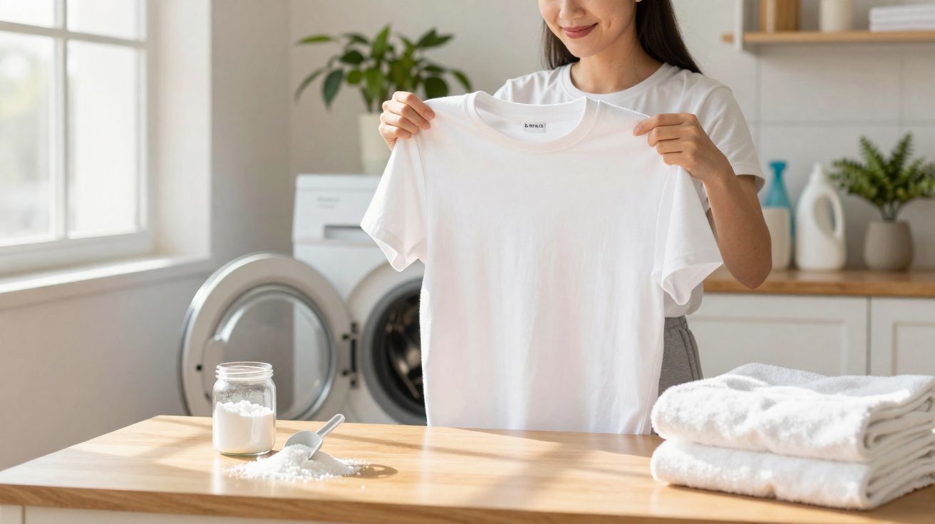 Mulher segurando camiseta branca limpa em lavanderia com máquina, pó de limpeza e toalhas brancas sobre mesa de madeira.
