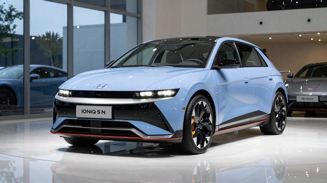 Carro elétrico Hyundai Ioniq 5 N azul claro em exposição dentro de showroom moderno