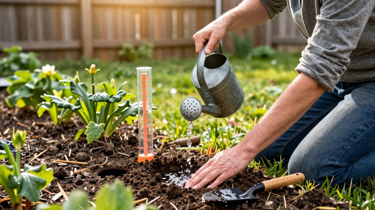 Pessoa regando plantas em jardim com regador metálico ao lado de pluviômetro medindo chuva.