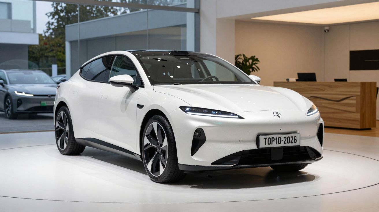 Carro elétrico branco moderno em exposição em ambiente interno com design aerodinâmico e faróis finos.