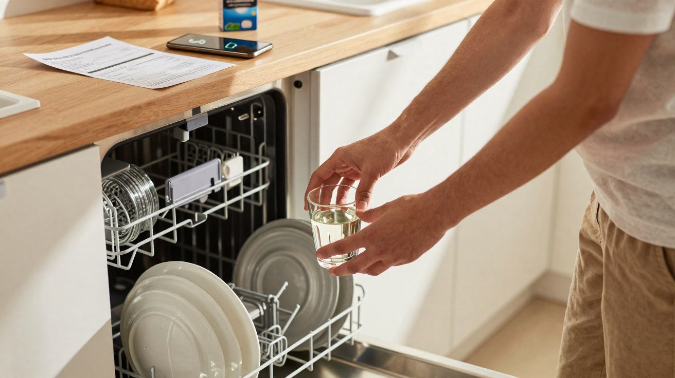 Pessoa colocando copo de vidro na lava-louças em cozinha com bancada de madeira clara.
