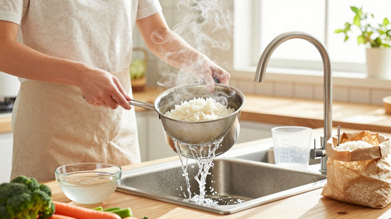 Pessoa escorrendo arroz cozido em peneira sobre pia em cozinha iluminada e organizada.