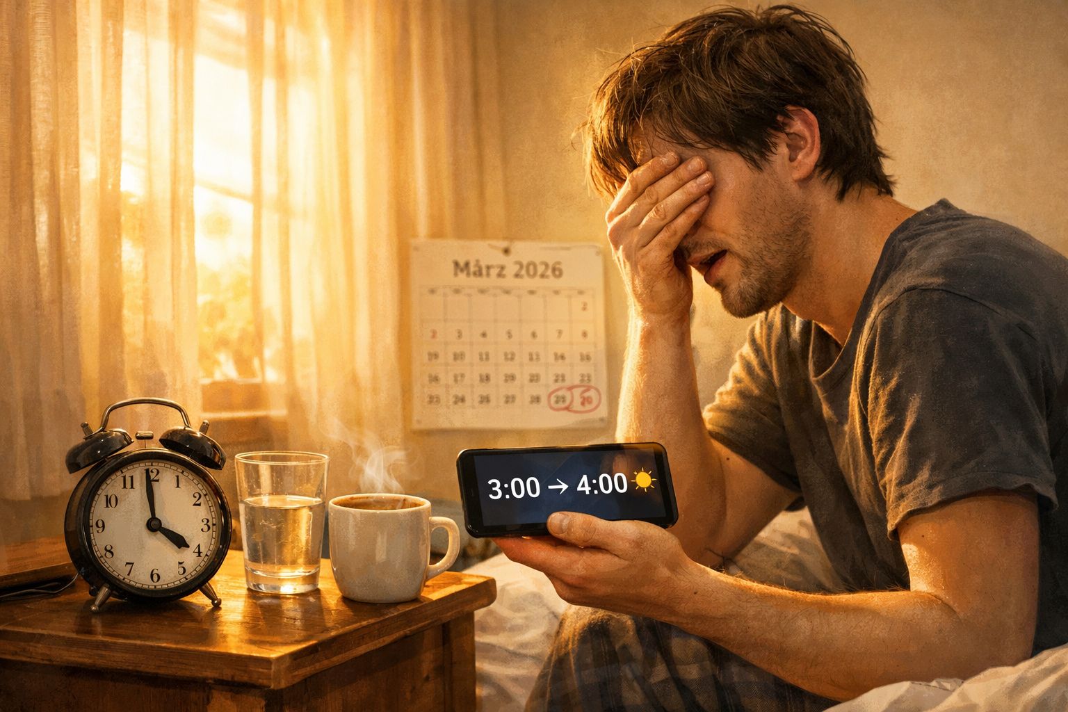 Homem cansado segurando celular com horário de mudança de 3 para 4 horas em março de 2026, manhã em quarto iluminado.