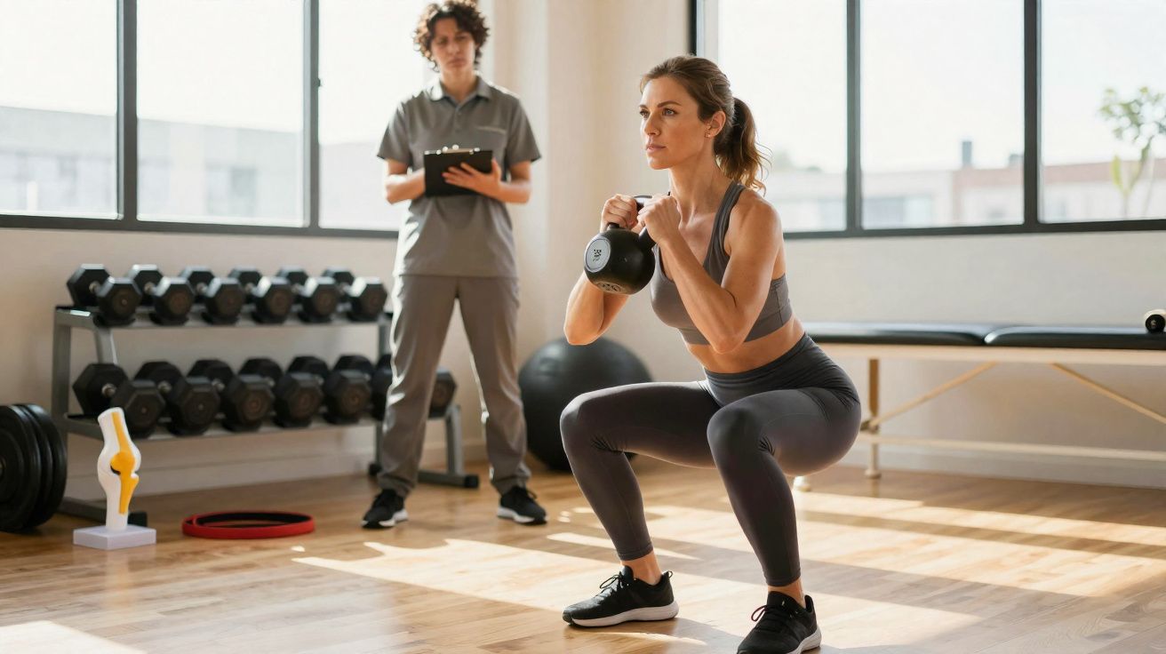 Mulher fazendo agachamento com kettlebell acompanhado por treinador registrando dados em tablet.