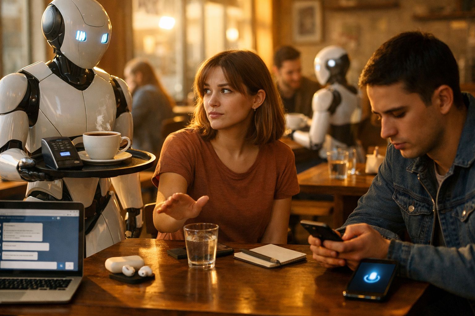 Mulher afastando café servido por robô enquanto homem usa celular em cafeteria futurista.