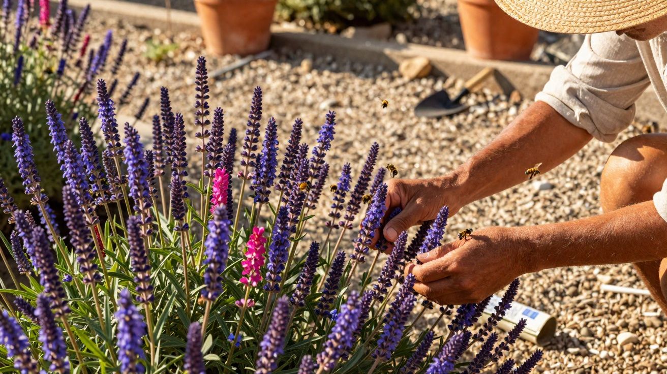 Pessoa cuidando de flores roxas e rosas em jardim com abelhas voando ao redor.