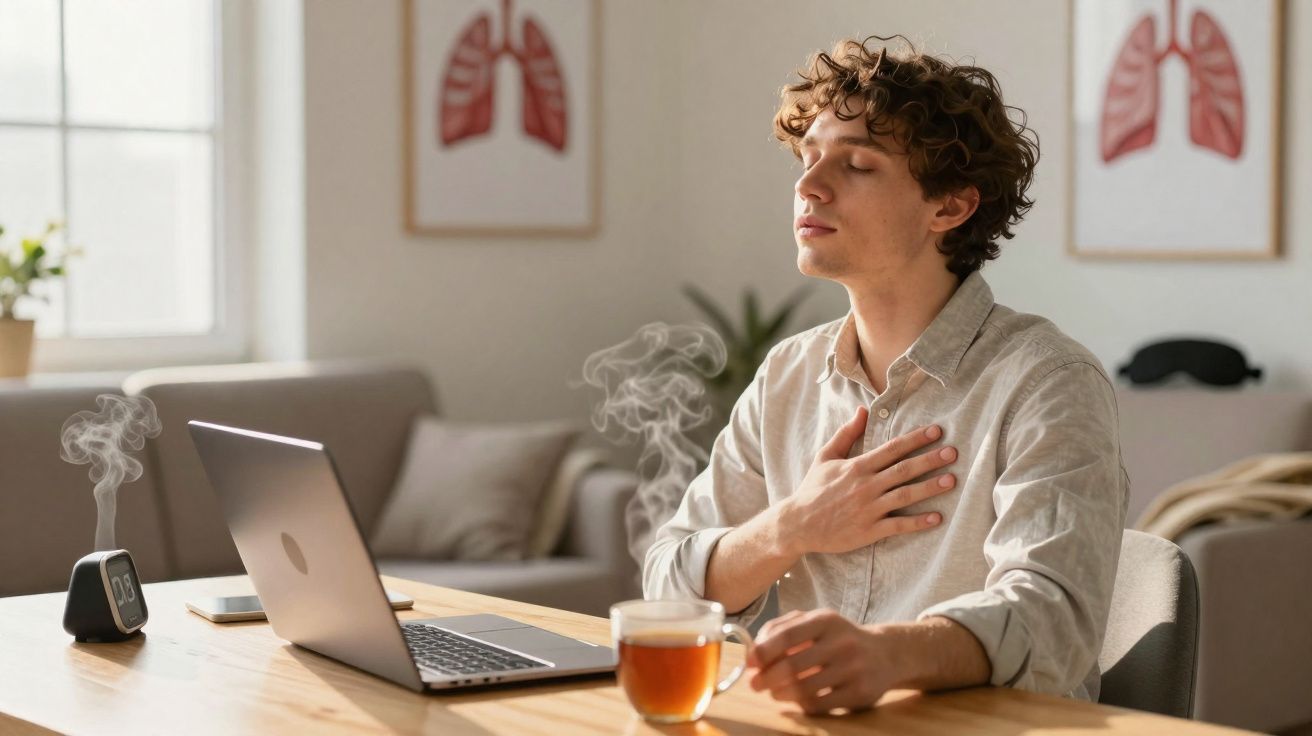 Homem sentado em escritório caseiro fazendo exercício de respiração com olhos fechados e chá na mesa.