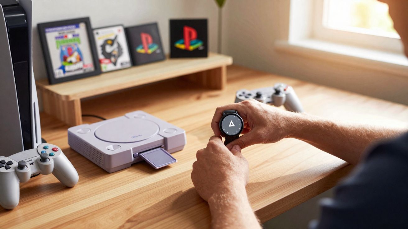 Mãos masculinas segurando relógio digital ao lado de console PlayStation clássico com controles em mesa de madeira.