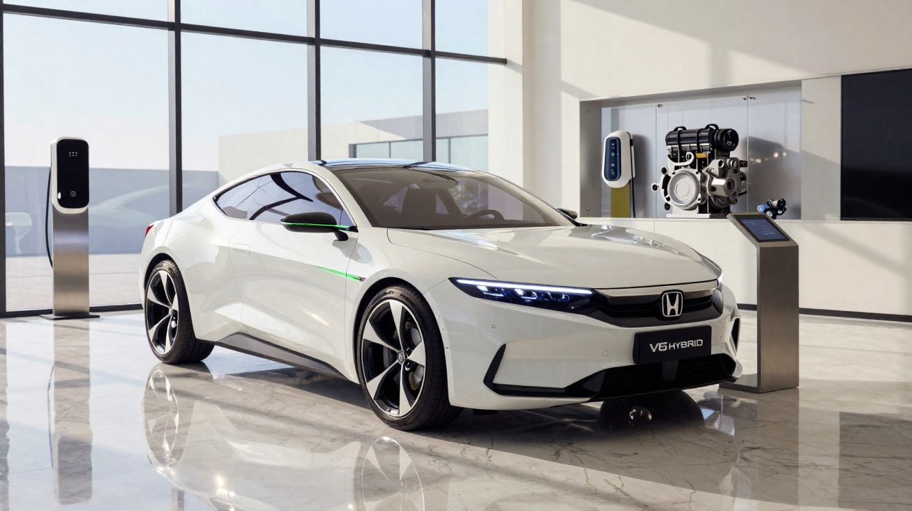 Carro esportivo branco Honda híbrido exposto em showroom moderno com piso de mármore e luz natural.