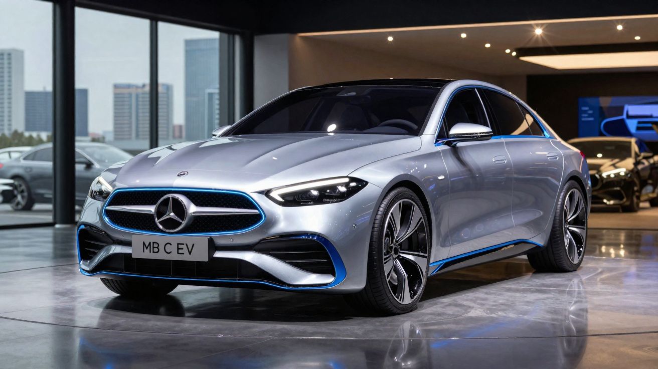 Carro elétrico Mercedes-Benz prata MB C EV estacionado em showroom moderno com teto baixo e iluminação ambiente.