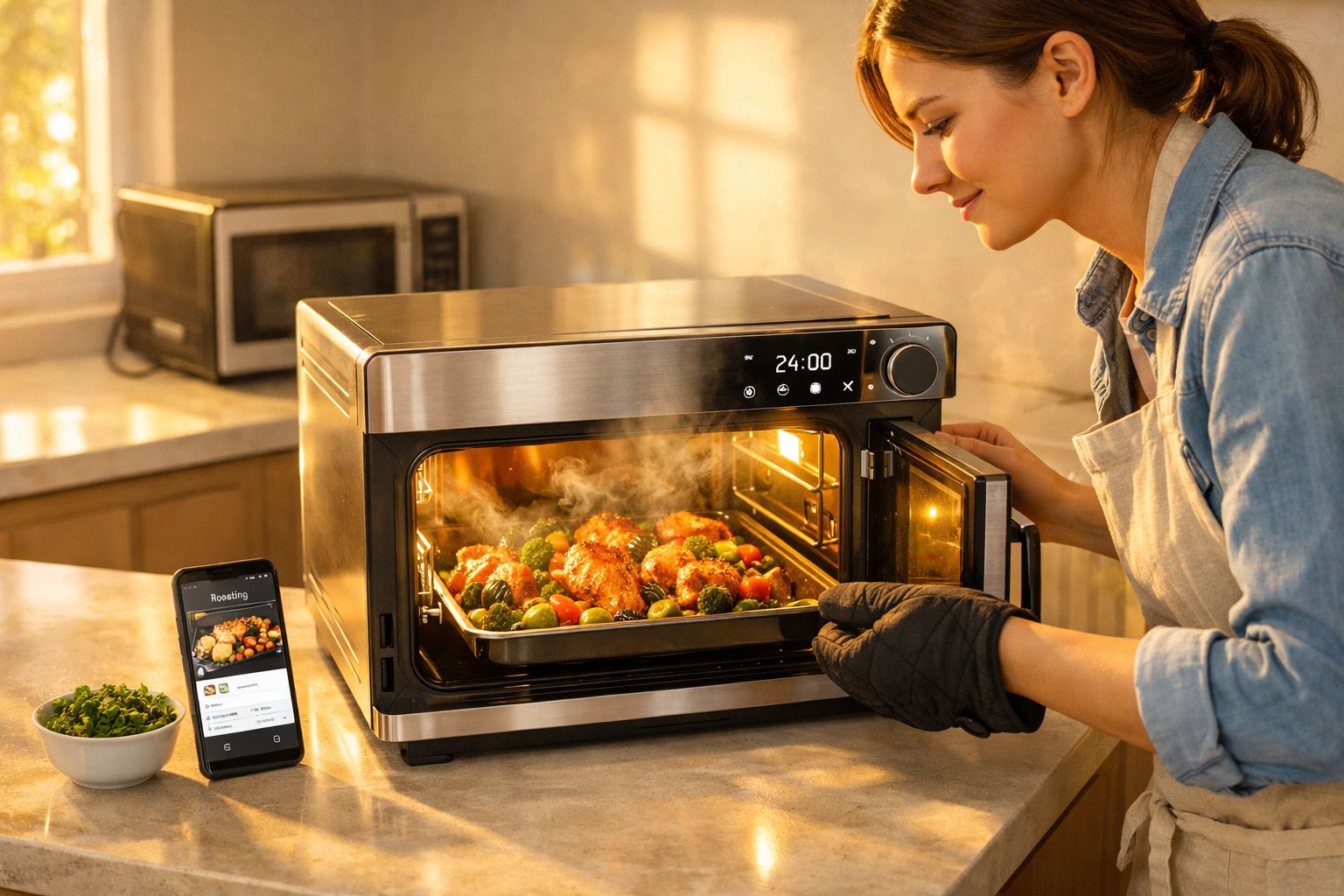 Mulher retirando assado com legumes quente de forno elétrico moderno na cozinha.