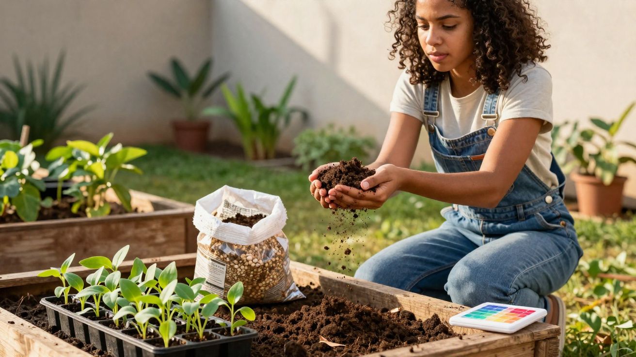 Jovem com jardineira preparando terra em canteiro para plantar mudas em jardim ensolarado.