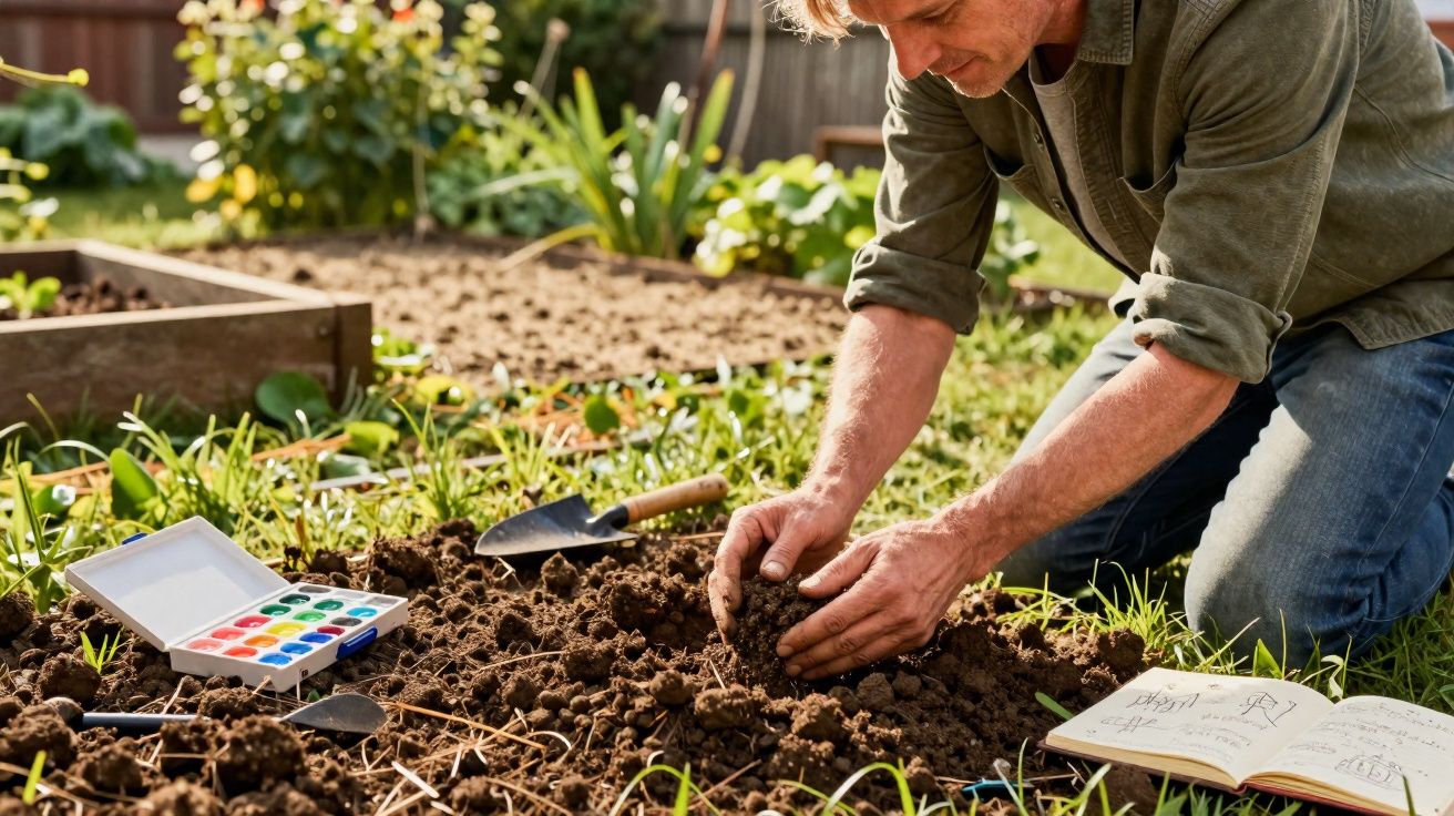 Homem ajoelhado no jardim preparando o solo para plantar, com aquarela e caderno ao lado.