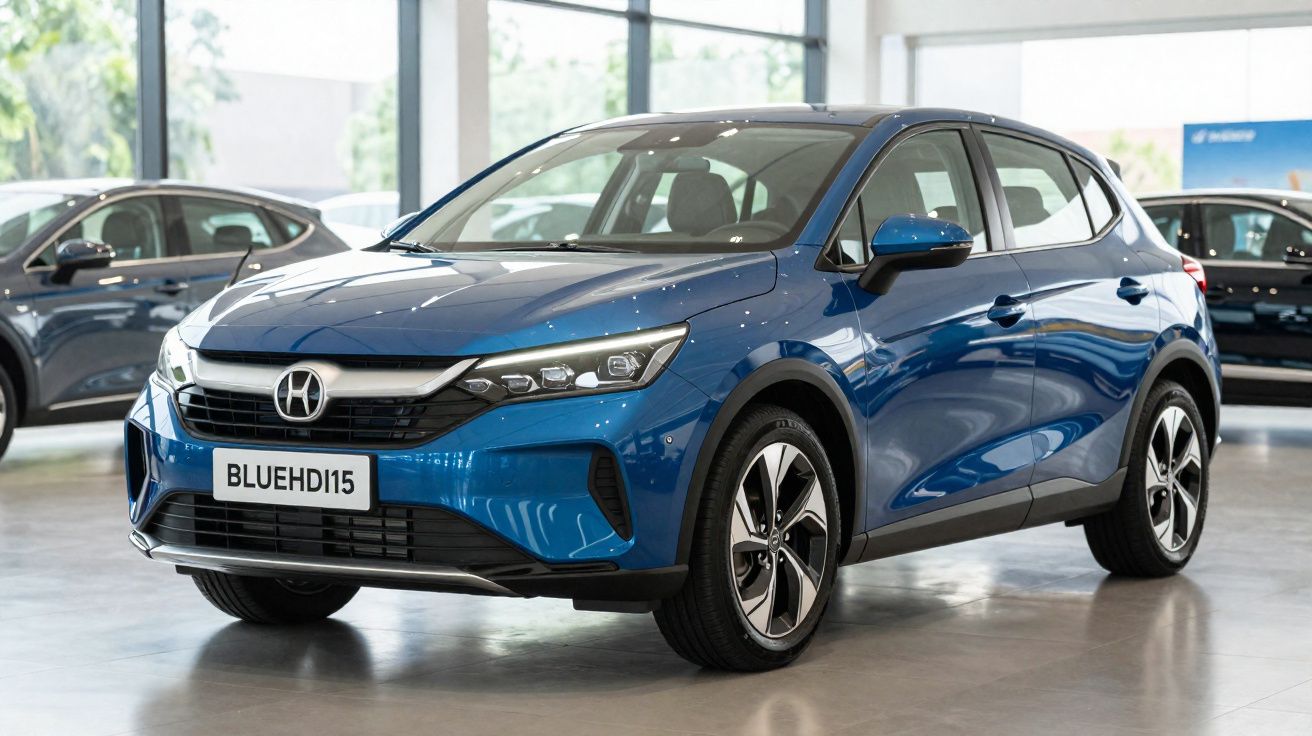 Carro elétrico azul Honda em exposição dentro de concessionária com iluminação natural.